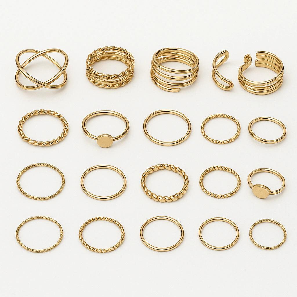 Minimal Gold Ring Set – 18 Pcs Adjustable Fashion Rings