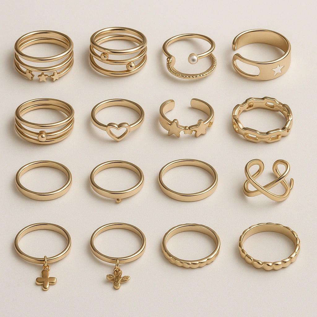 Minimalist Gold Stacking Ring Set – 18 Pcs
