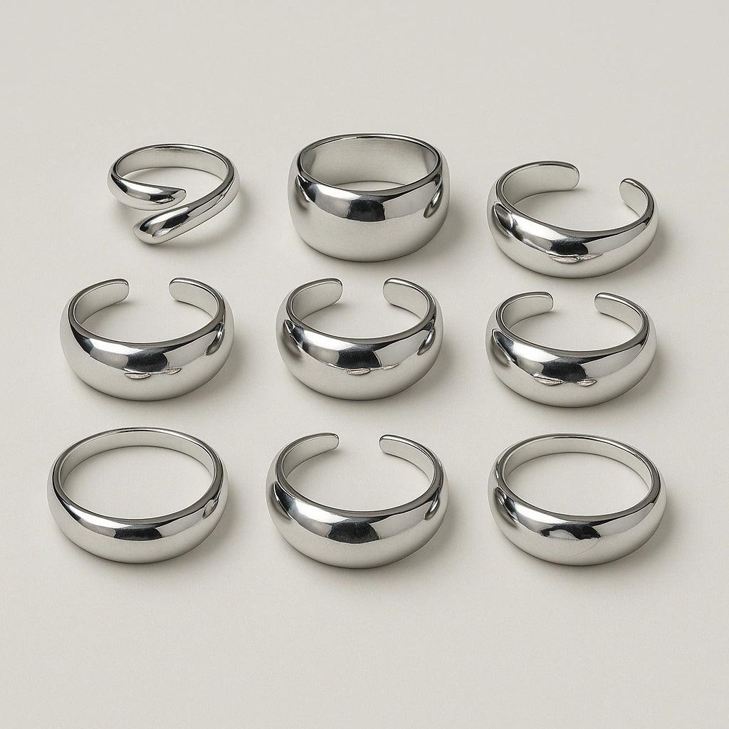 Silver Dome Rings Set – 10pcs Classic Chunky Style