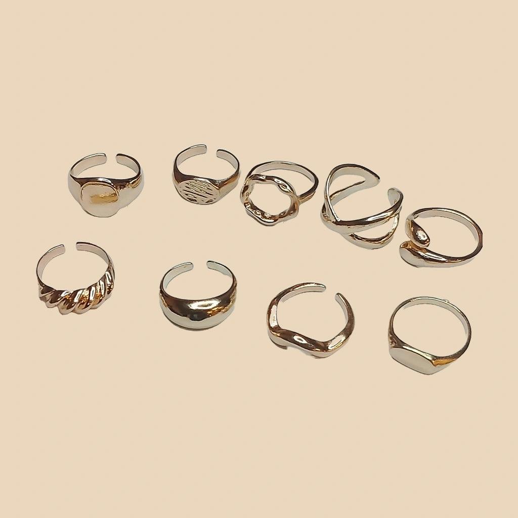 Chunky Gold Adjustable Rings Set – 9pcs Mix Style